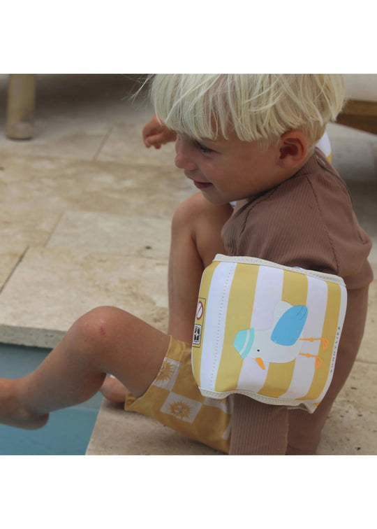 Load image into Gallery viewer, Kids Neoprene Arm Bands Sid the Seagull Mustard Stripe - Arm Band
