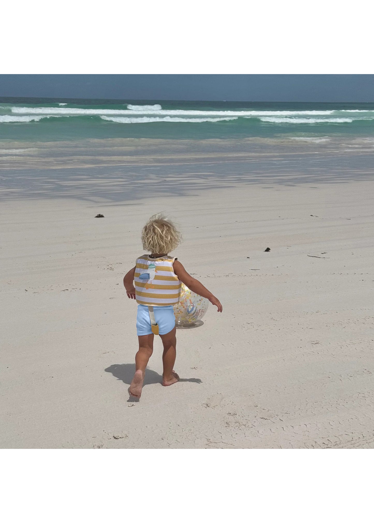 Load image into Gallery viewer, Kids Swim Vest Sid the Seagull Mustard Stripe - Swim Vest
