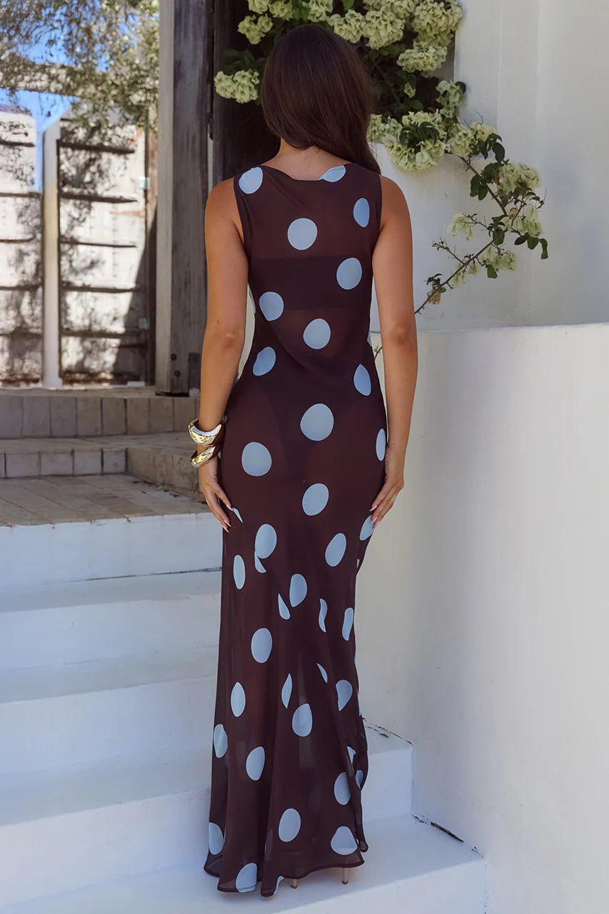 Load image into Gallery viewer, Tera High Neck Maxi Dress Choc/Sky Blue Polka
