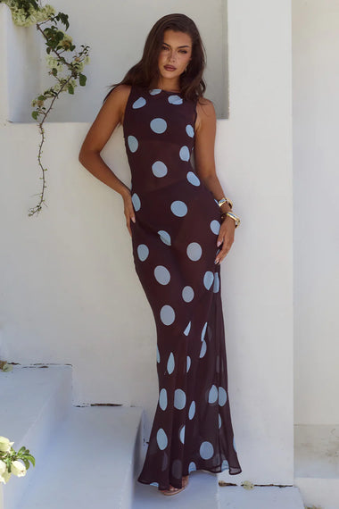 Tera High Neck Maxi Dress Choc/Sky Blue Polka