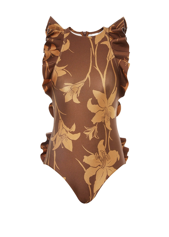 Acadian Racer Back Frill One Piece Mustard/Chocolate Floral