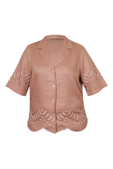 Mocha Linen Set with Leaves Embroidery