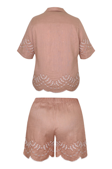 Mocha Linen Set with Leaves Embroidery