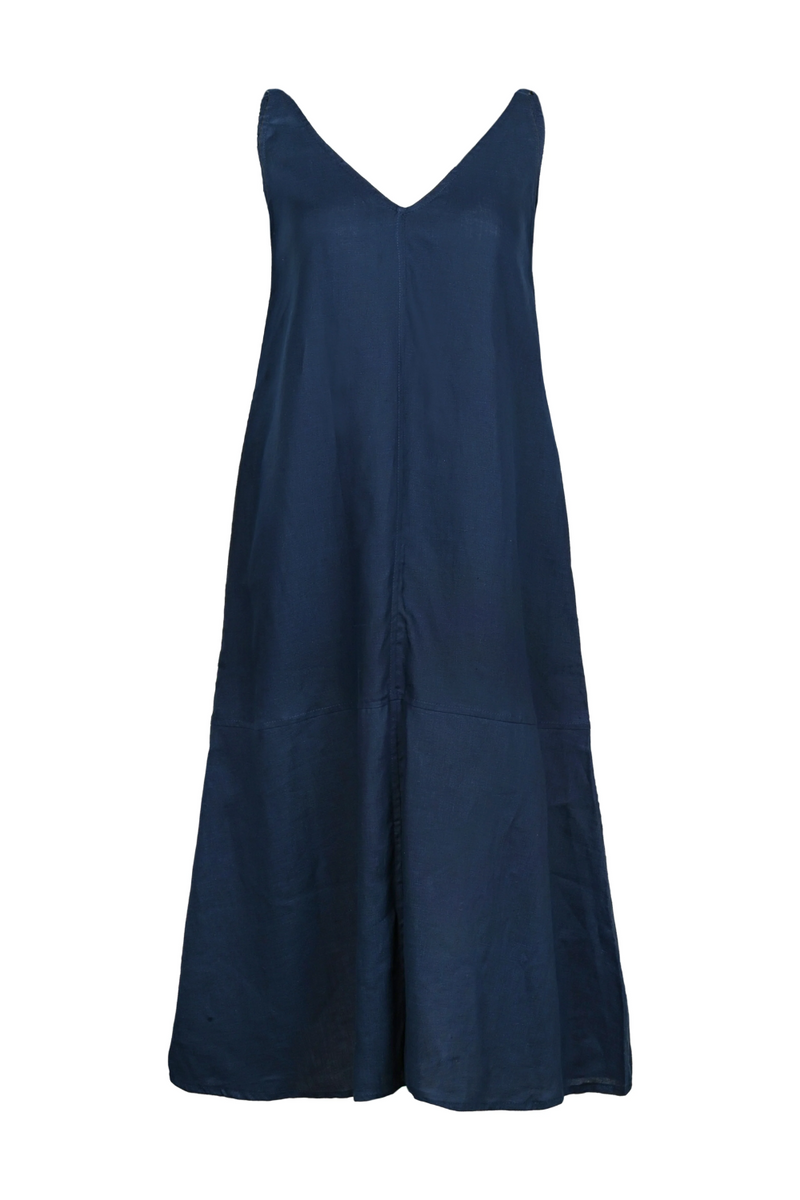 Navy Blue V-Collar Linen Dress