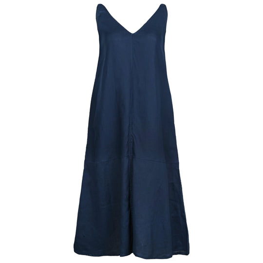 Load image into Gallery viewer, Navy Blue V-Collar Linen Dress - Dress
