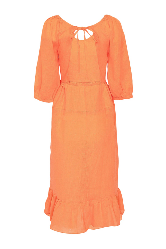 Neon Orange Linen Dress With Frill Neon Orange Linen Dress With Frill