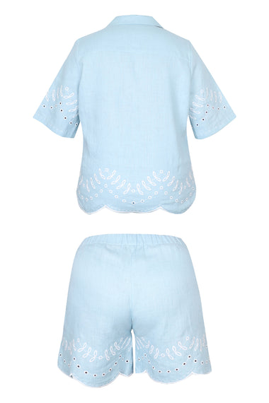 Pale Blue Linen Set with Leaves Embroidery