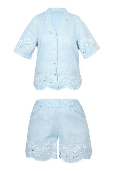 Pale Blue Linen Set with Leaves Embroidery