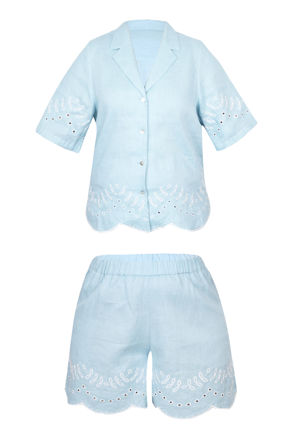 Load image into Gallery viewer, Pale Blue Linen Set with Leaves Embroidery
