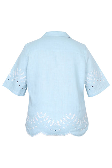 Pale Blue Linen Set with Leaves Embroidery