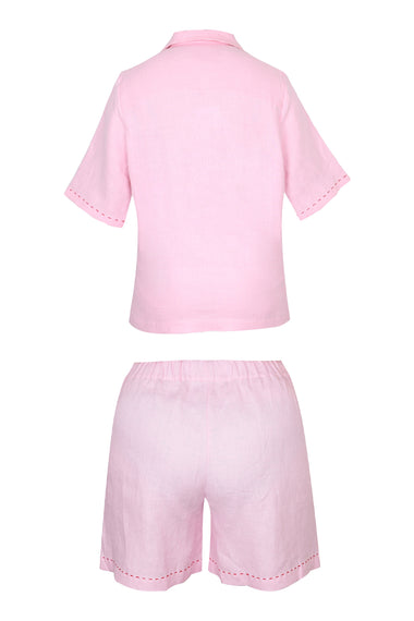 Pink Linen Set with Flower Embroidery