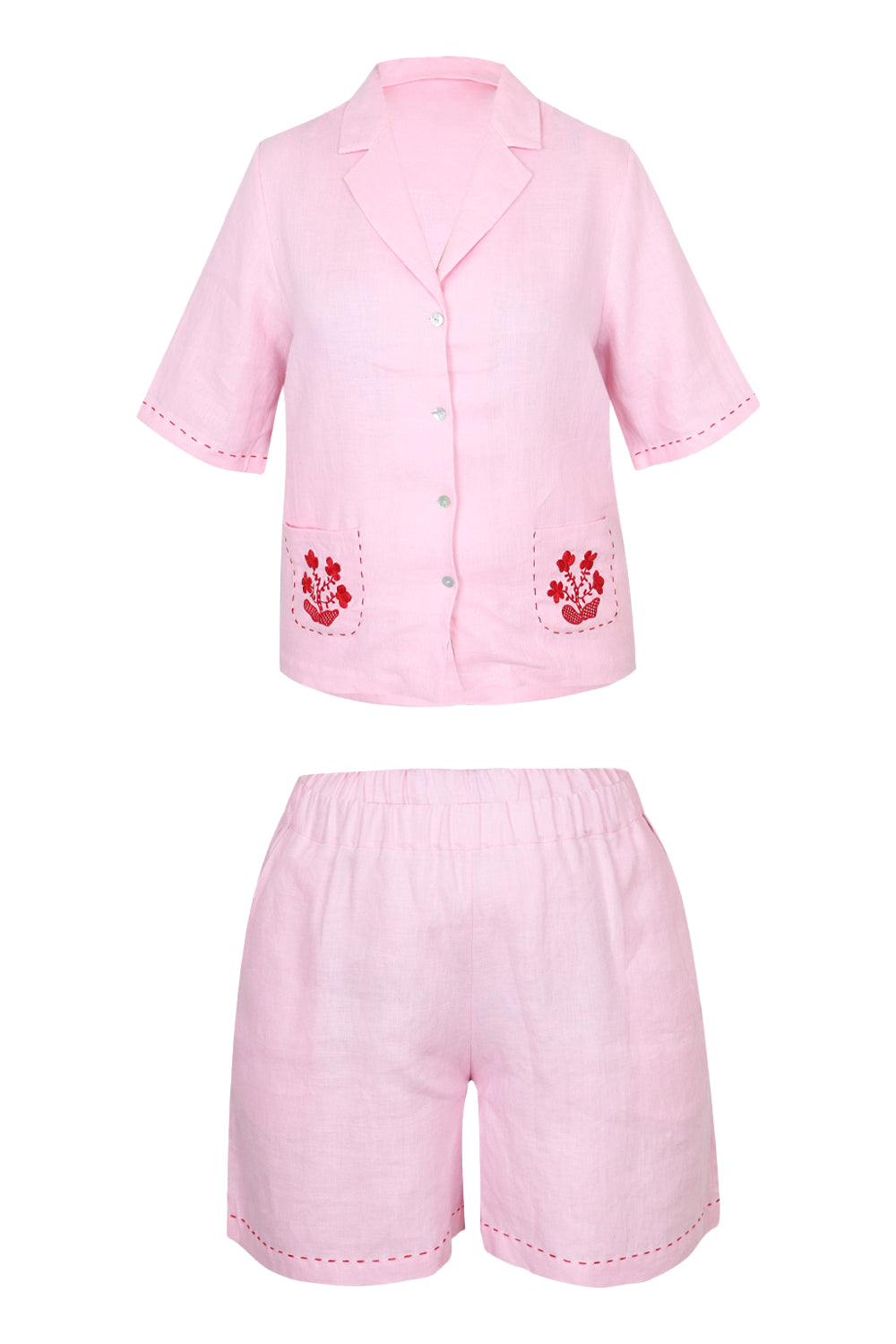 Load image into Gallery viewer, Pink Linen Set with Flower Embroidery
