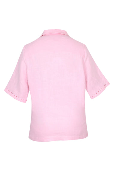 Pink Linen Set with Flower Embroidery
