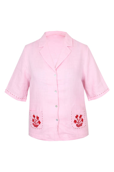Pink Linen Set with Flower Embroidery