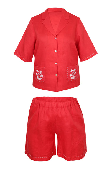 Red Linen Set with Flower Embroidery