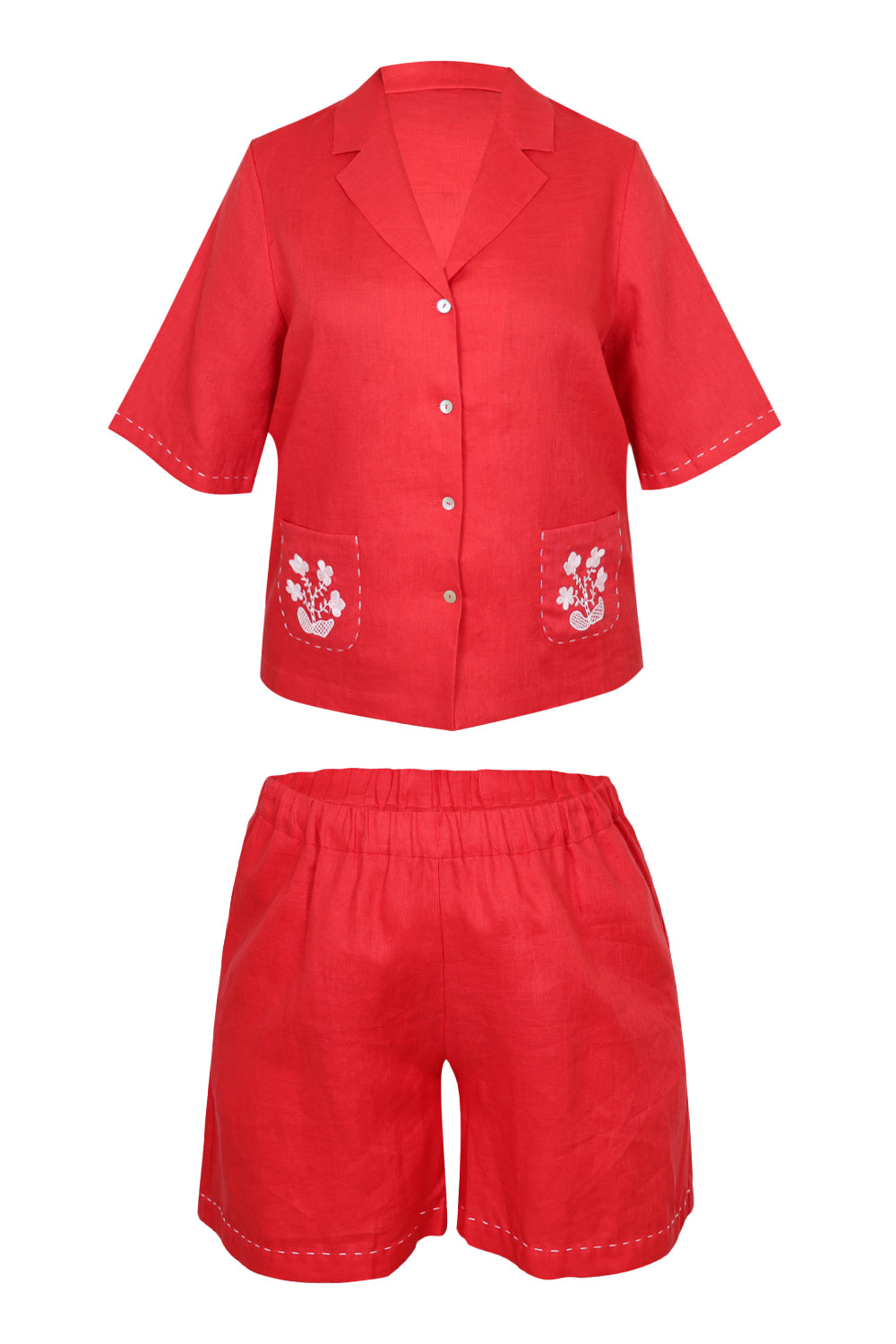 Load image into Gallery viewer, Red Linen Set with Flower Embroidery
