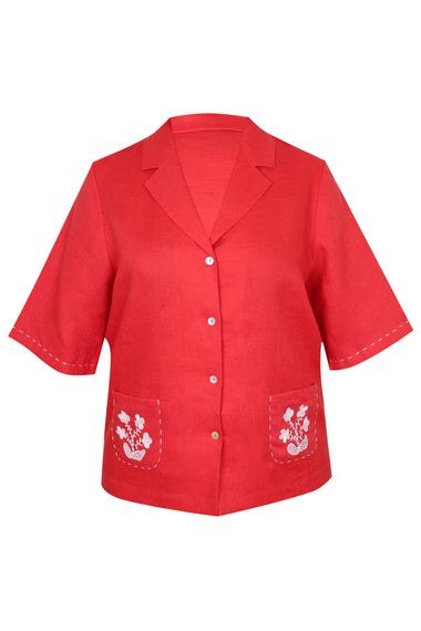 Red Linen Set with Flower Embroidery