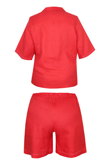 Red Linen Set with Flower Embroidery