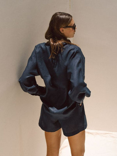 Navy Blue Linen Shorts - Shorts