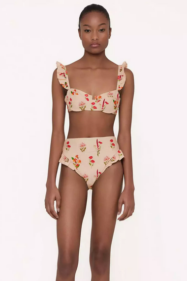 High Waisted Bikini Bottoms with Floral Embroidery