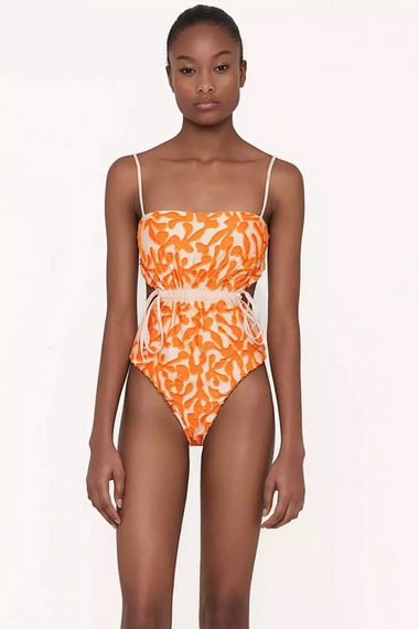 Thin Strap One Piece Swimsuit in Orange/White
