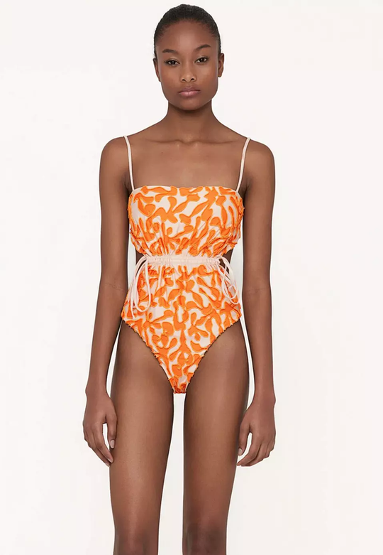 Thin Strap One Piece Swimsuit in Orange White Cut Out Back Swimsuit