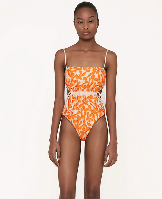 Thin Strap One Piece Swimsuit in Orange/White