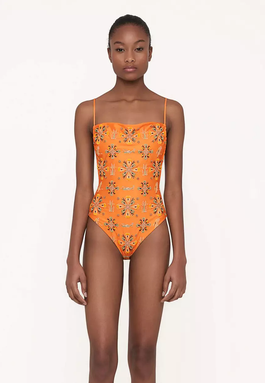 Load image into Gallery viewer, Square Neck Swimming Costume in Orange - One Piece
