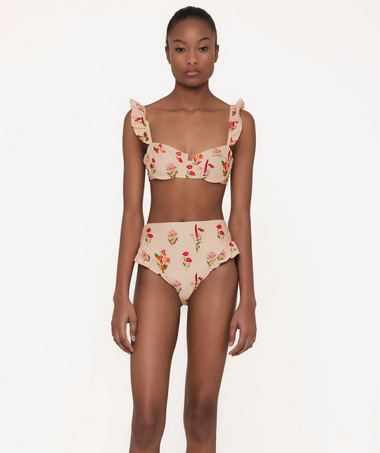 High Waisted Bikini Bottoms with Floral Embroidery