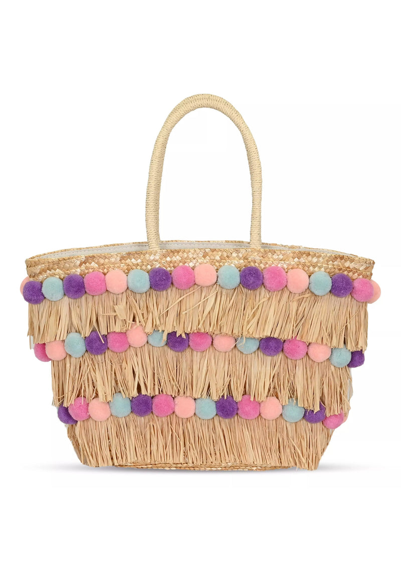 Olivia Tote Natural/Purple Pompom Beach Bag