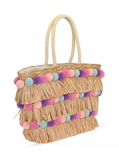 Olivia Tote Natural/Purple Pompom Beach Bag