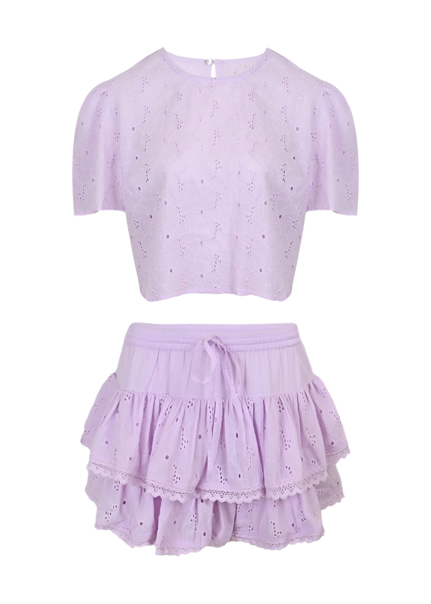 Load image into Gallery viewer, Biky Eyelet Cotton Crop Top &amp;amp; Skort Lavender

