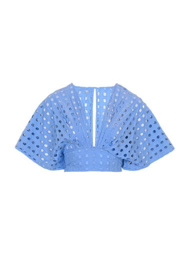 Box Eyelet Blue Kimono Top - Top