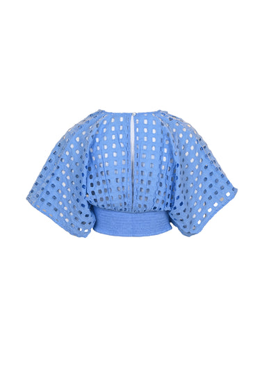 Box Eyelet Blue Kimono Top - Top
