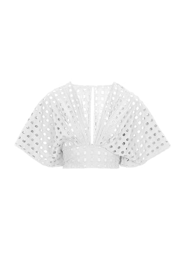 Box Eyelet White Kimono Top - Top