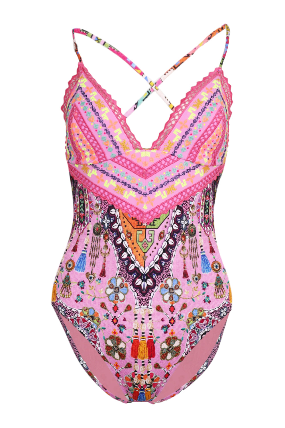 Embroidered Tri One Piece with Tie Back Patchwork Panorama