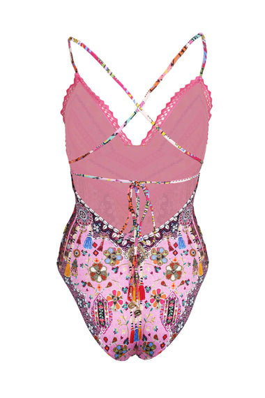 Embroidered Tri One Piece with Tie Back Patchwork Panorama