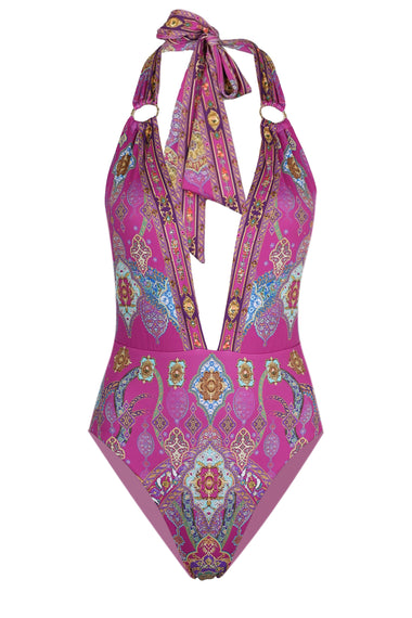 Plunge Backless Halter One Piece with Ring Ties