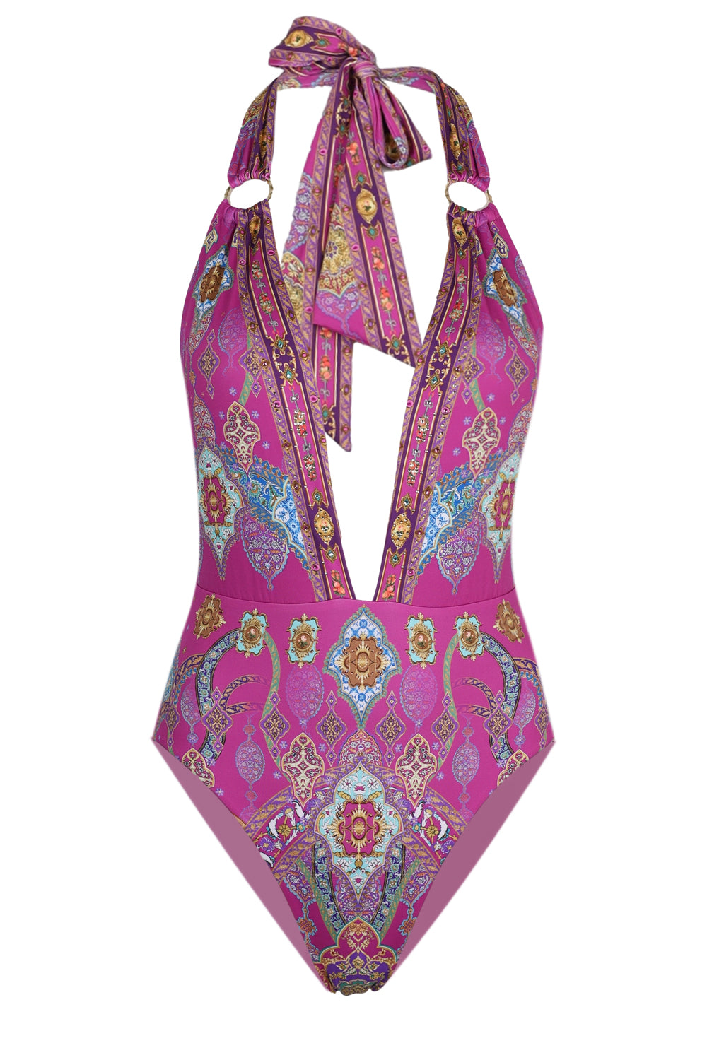 Load image into Gallery viewer, Plunge Backless Halter One Piece with Ring Ties
