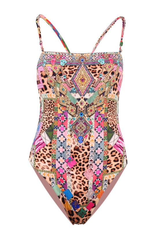 Straight Neck Double Strap Button One Piece Embroidered Ever After