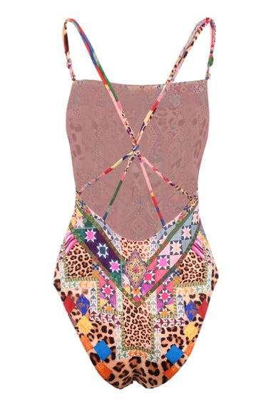 Straight Neck Double Strap Button One Piece Embroidered Ever After