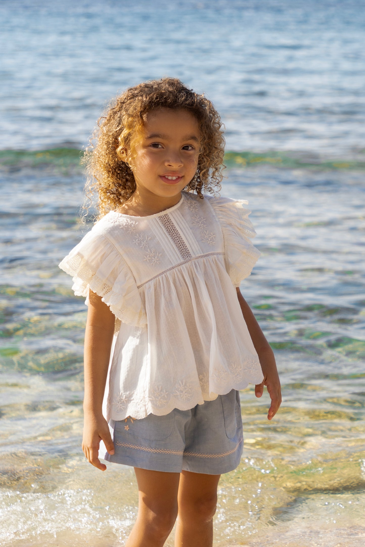 Charlie Blouse and Shorts Set Ivory Ocean Blue
