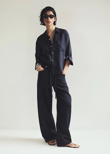 Brynn Drawstring Trouser in Linen Black