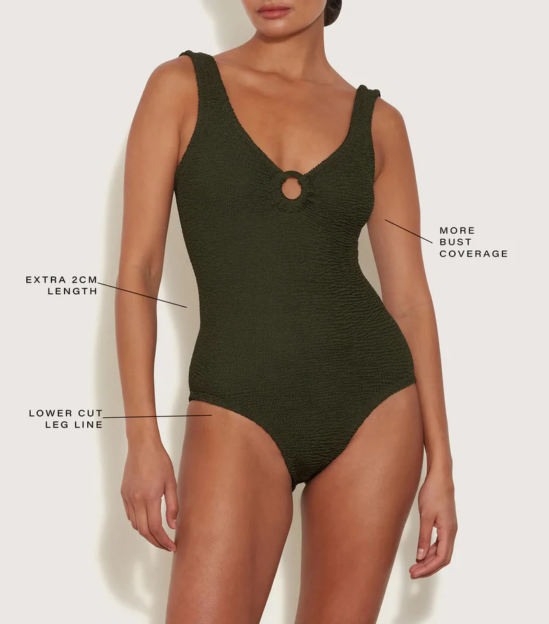 Load image into Gallery viewer, Coverage Celine Swim with Fabric Covered Hoops Metallic Khaki - ONE SIZE - One Piece
