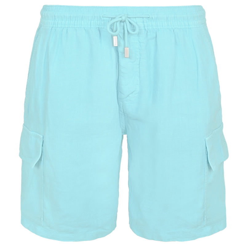 Men Linen Bermuda Shorts Cargo Pockets In Light Blue