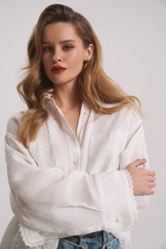 Load image into Gallery viewer, White Shirt with Lace - Top
