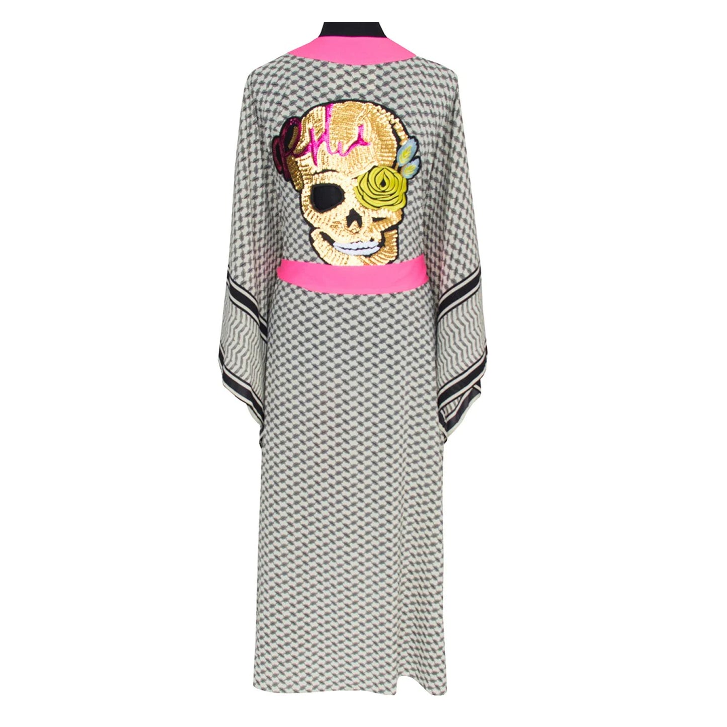 Load image into Gallery viewer, Desert Tribe Long Kimono Skull Neon Pink - Kimono
