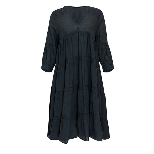 Load image into Gallery viewer, Brussels Midi Dress With Ruffle Carbone - Dress

