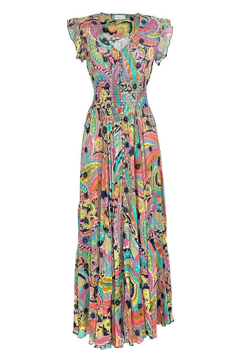 Close-up of the Kaleidoscope Paisley pattern on Miss June Dress