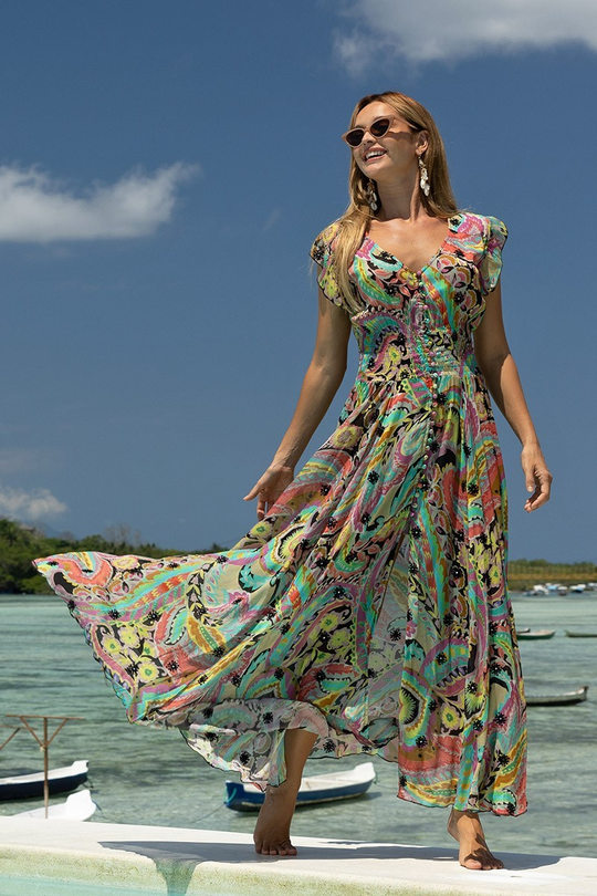 woman wearing miss june kaleidoscope dress